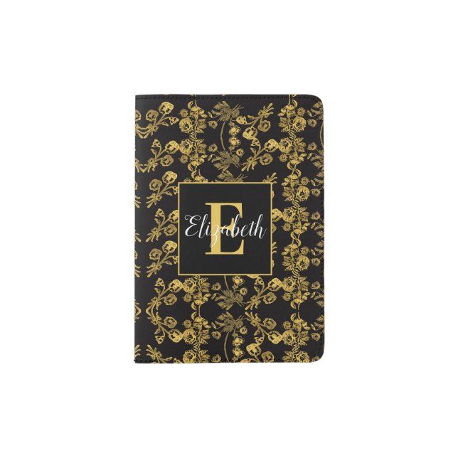 Golden leaf and black luxury | name & Monogram Passport Holder (Front)