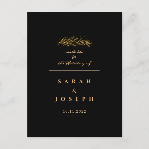 Golden Leaf Branch Sparkles Elegant Black Wedding  Announcement Postcard