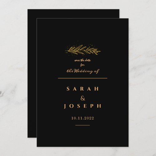 Golden Leaf Branch Sparkles Elegant Black Wedding Save The Date