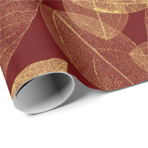 Golden Leaf Crimson Maroon Burgundy Luxury Wrapping Paper