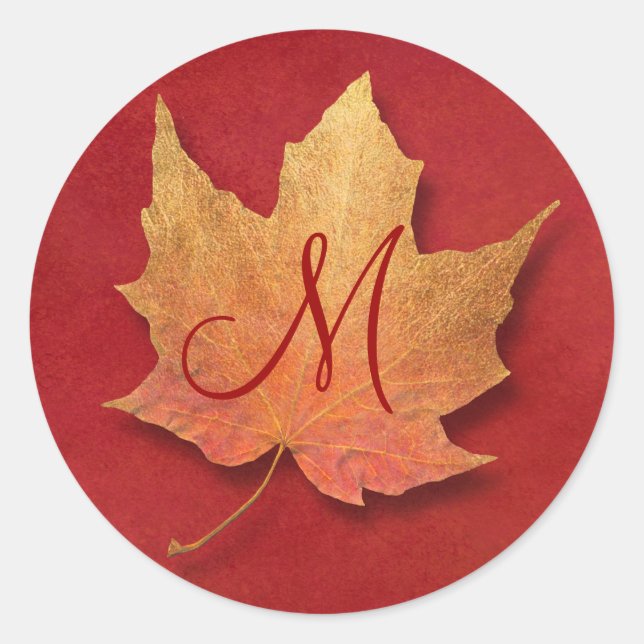 Golden Leaf Customizable Monogram Classic Round Sticker (Front)