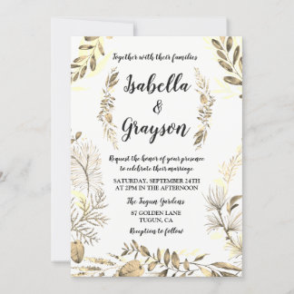 Golden Leaf Garden Wreath Wedding Invitation