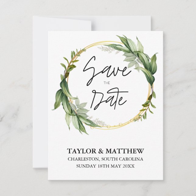 Golden Leaf Greenery Elegant Wedding Save The Date (Front)