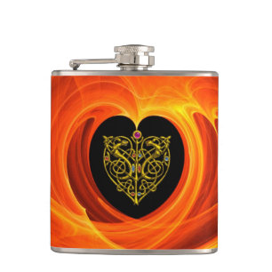 GOLDEN LEAF IN ORANGE FRACTAL SWIRLS FLASK
