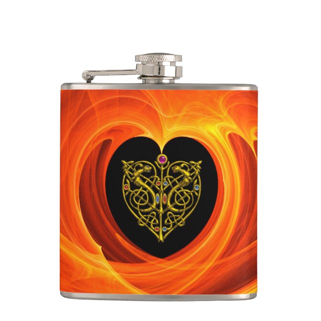 GOLDEN LEAF IN ORANGE FRACTAL SWIRLS FLASK (Front)