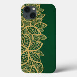Golden leaf lace on green background iPhone 13 case