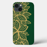 Golden leaf lace on green background iPhone 13 case