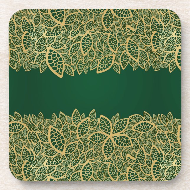Golden leaf lace on green background coaster (Front)