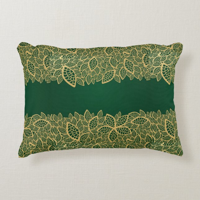 Golden leaf lace on green background decorative pillow (Front)