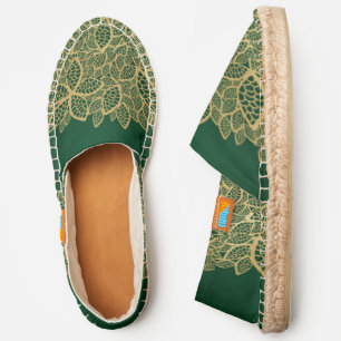 Golden leaf lace on green background espadrilles