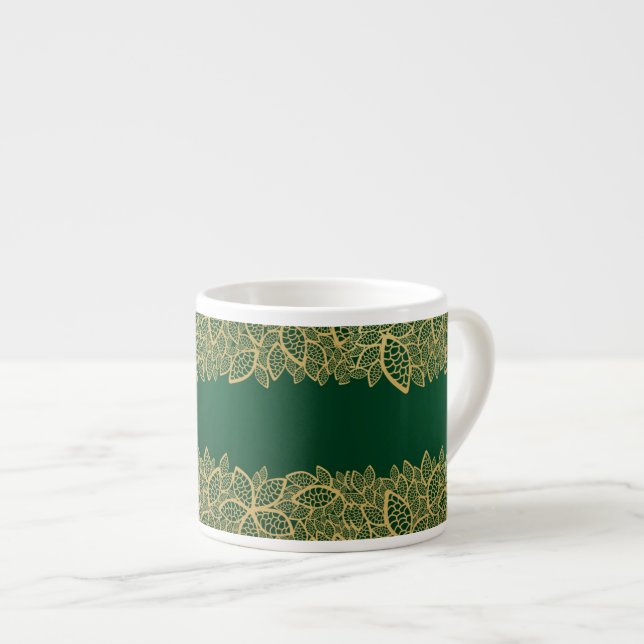 Golden leaf lace on green background espresso cup (Front Right)