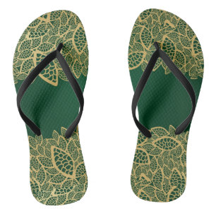 Golden leaf lace on green background flip flops
