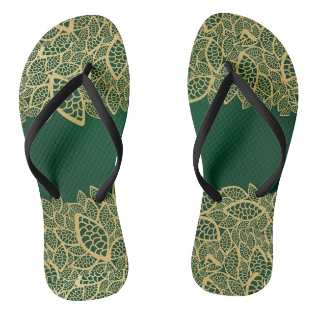 Golden leaf lace on green background flip flops (Footbed)