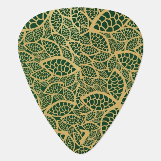 Golden leaf lace on green background guitar pick (Front)