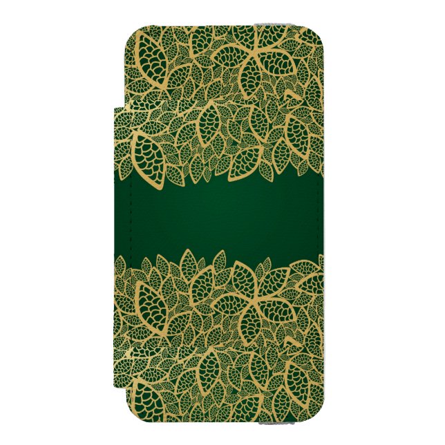 Golden leaf lace on green background incipio iPhone wallet case (Folio Front)
