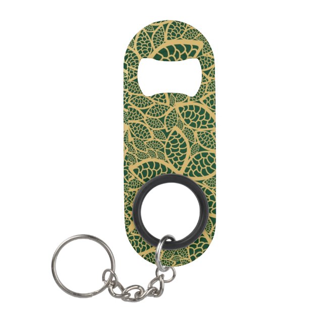 Golden leaf lace on green background keychain bottle opener (Front)