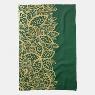 Golden leaf lace on green background kitchen towel