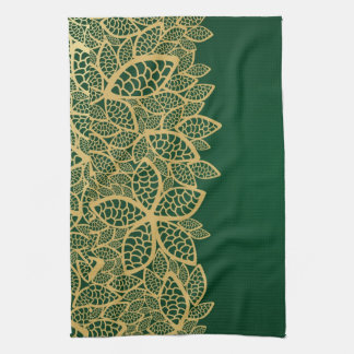 Golden leaf lace on green background kitchen towel