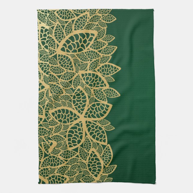 Golden leaf lace on green background kitchen towel (Vertical)