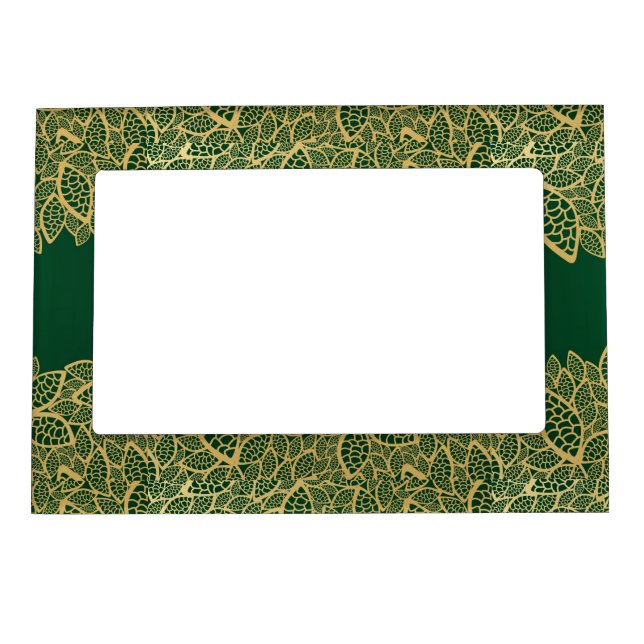 Golden leaf lace on green background magnetic photo frame (Front)