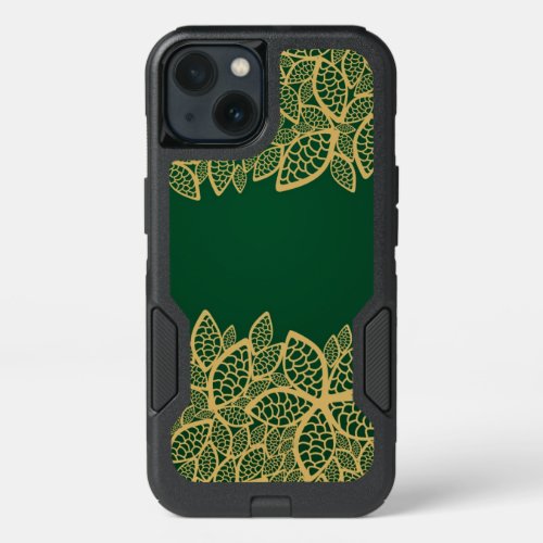 Golden leaf lace on green background iPhone 13 case