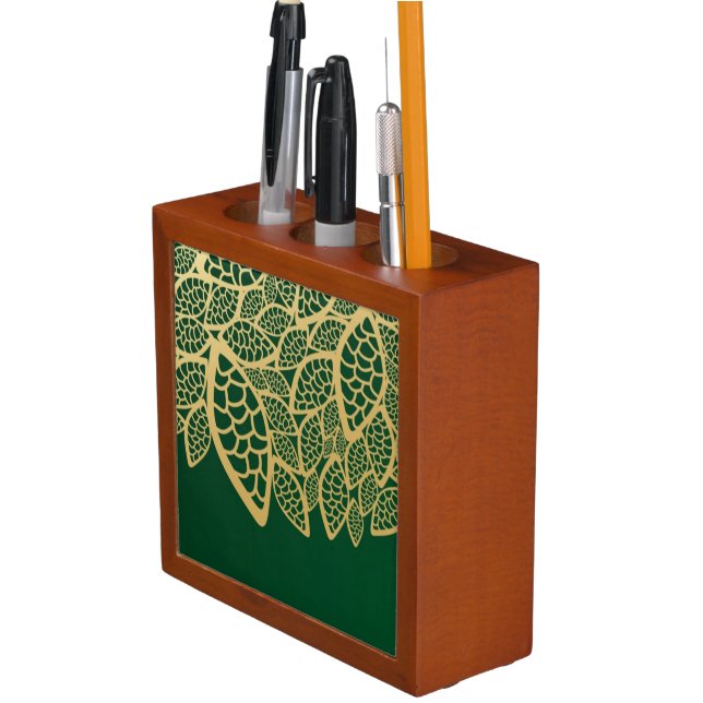 Golden leaf lace on green background pencil holder (In Situ)