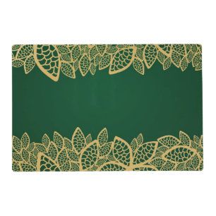 Golden leaf lace on green background placemat