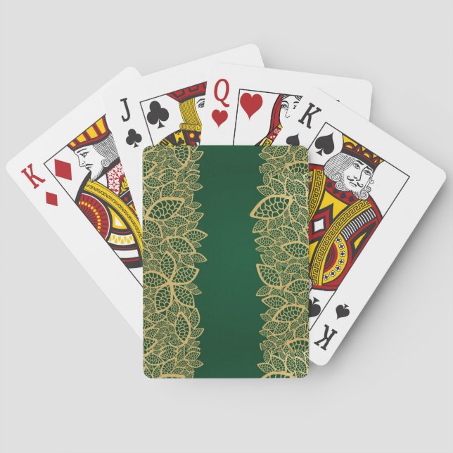 Golden leaf lace on green background poker cards (Back)