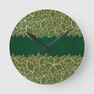 Golden leaf lace on green background round clock