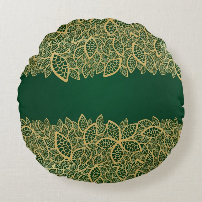 Golden leaf lace on green background round pillow (Front)
