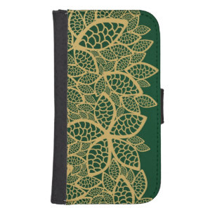 Golden leaf lace on green background samsung s4 wallet case
