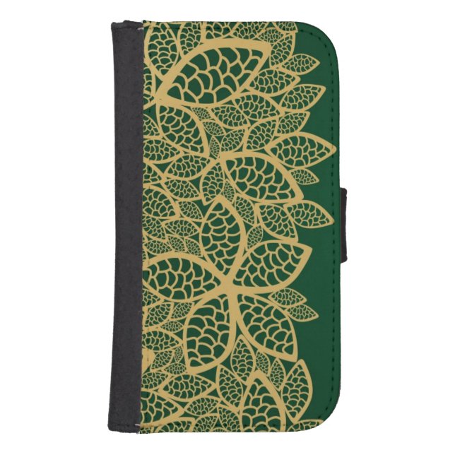 Golden leaf lace on green background samsung galaxy wallet case (Front)
