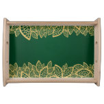 Golden leaf lace on green background serving tray