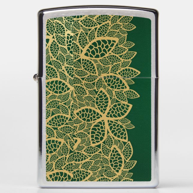 Golden leaf lace on green background zippo lighter (Front)