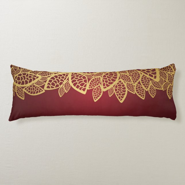 Golden leaf lace on red background body pillow (Front)