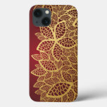 Golden leaf lace on red background iPhone 13 case