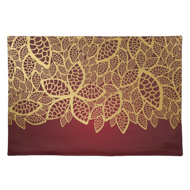 Golden leaf lace on red background cloth placemat (Front)