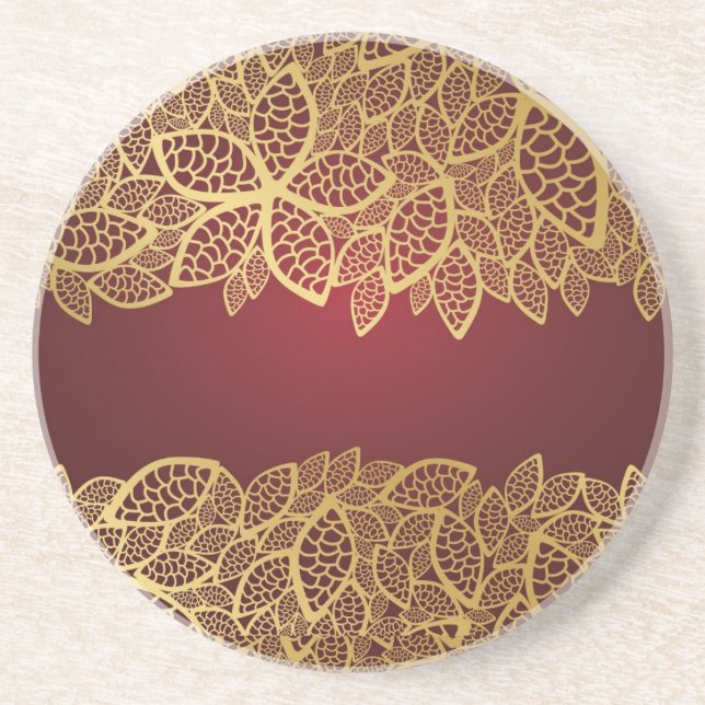 Golden leaf lace on red background drink coaster (Front)
