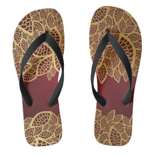 Golden leaf lace on red background flip flops