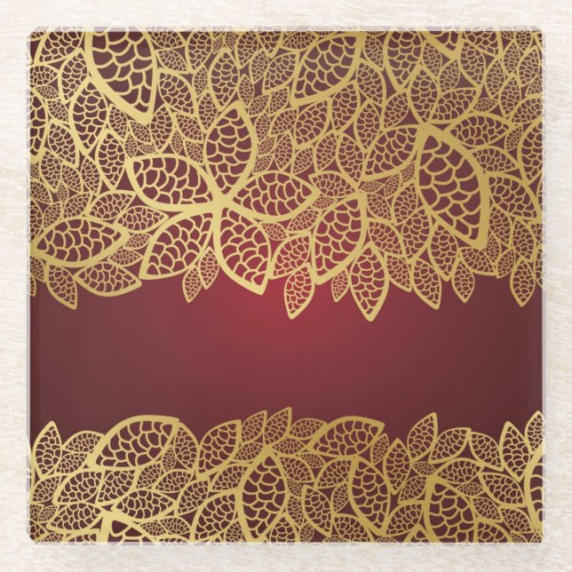Golden leaf lace on red background glass coaster (Front)