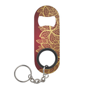 Golden leaf lace on red background keychain bottle opener