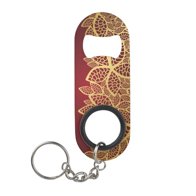 Golden leaf lace on red background keychain bottle opener (Front)