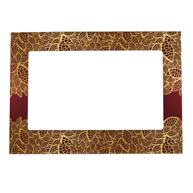 Golden leaf lace on red background magnetic picture frame (Front)