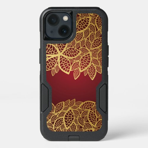 Golden leaf lace on red background iPhone 13 case