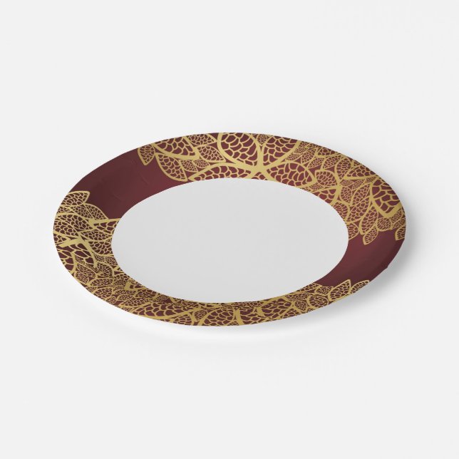 Golden leaf lace on red background paper plates (Angled)