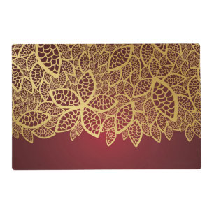 Golden leaf lace on red background placemat