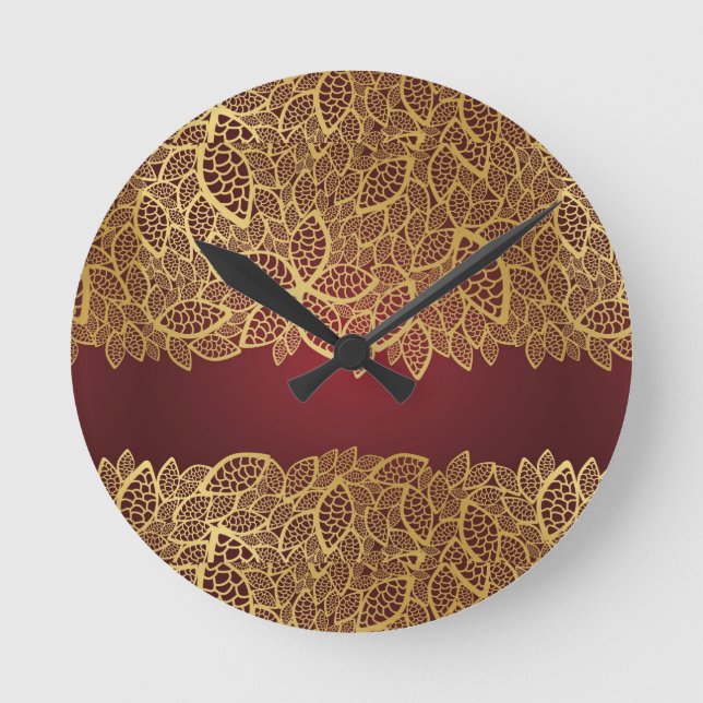 Golden leaf lace on red background round clock (Front)