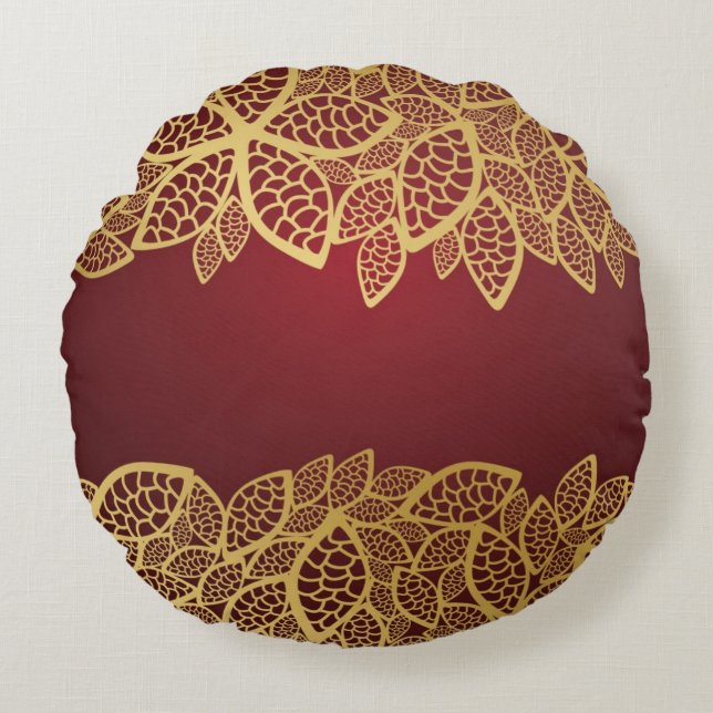 Golden leaf lace on red background round pillow (Front)
