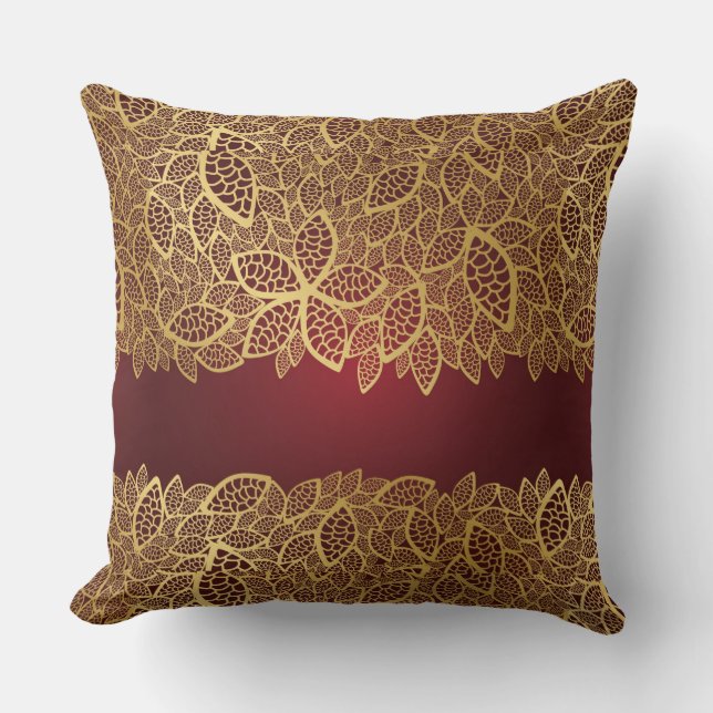 Golden leaf lace on red background throw pillow (Front)