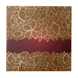 Golden leaf lace on red background tile